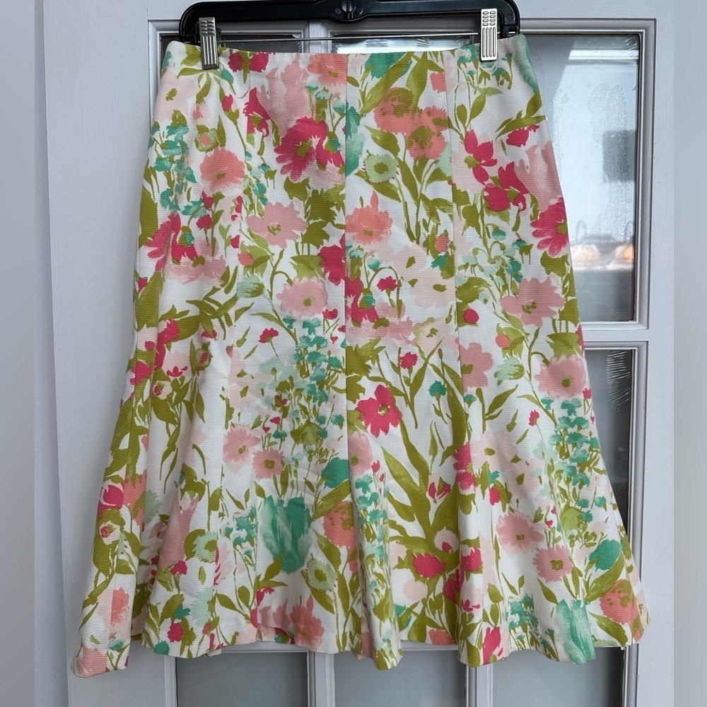 Kate Hill Pink & Green Floral Garden Cotton A-Line Flare Midi Skirt Size 4 S